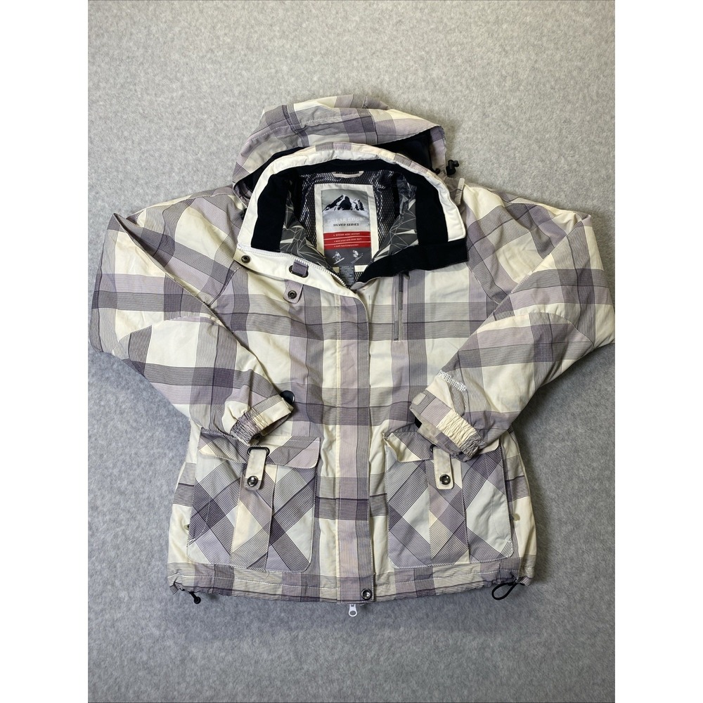 Polar Edge Silver Series Women's Ski Jacket Size L Purple White Plaid Hooded